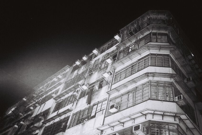 Building from below at night